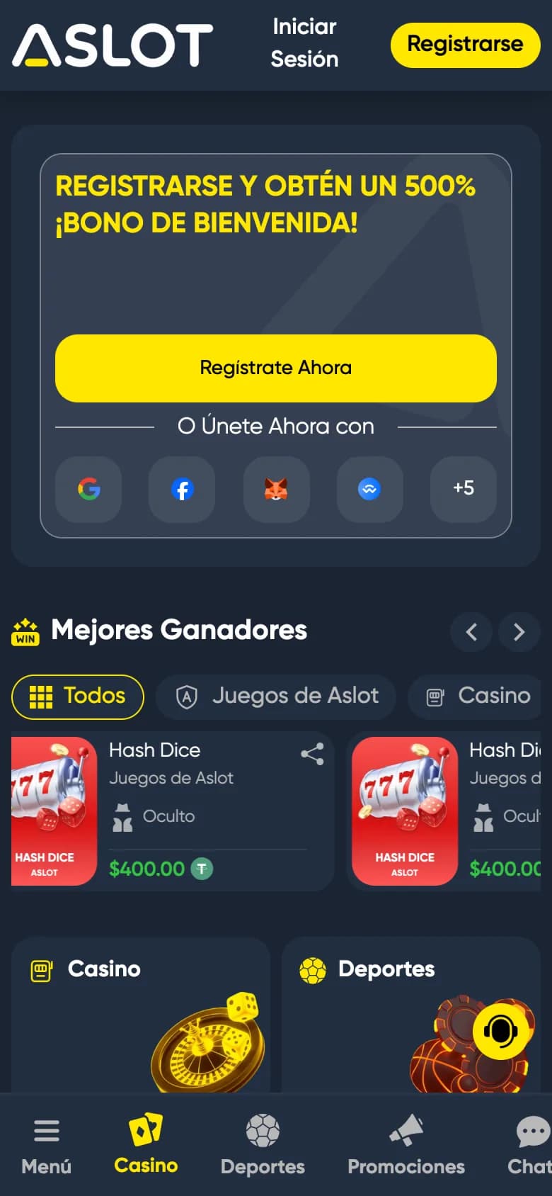 Página de inicio de Aslot en español en un celular