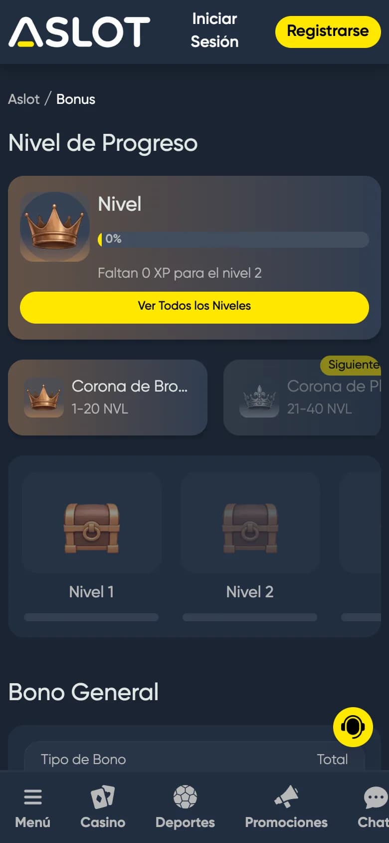 Sección de bonos y niveles VIP de Aslot