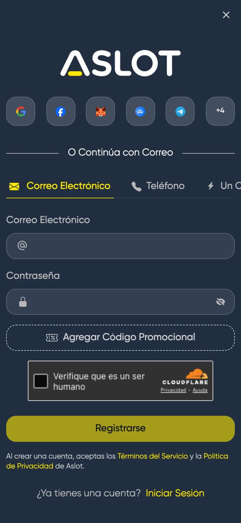 Formulario de registro de Aslot con Google, Facebook, MetaMask, WalletConnect y Telegram