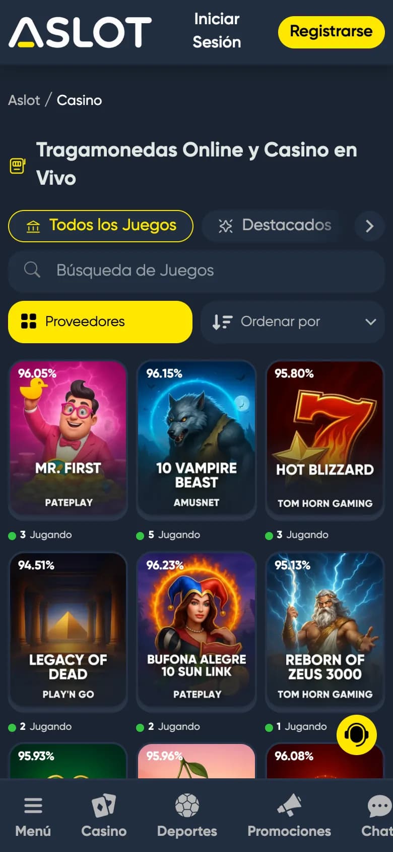 Catálogo de tragamonedas de Aslot con porcentaje de RTP